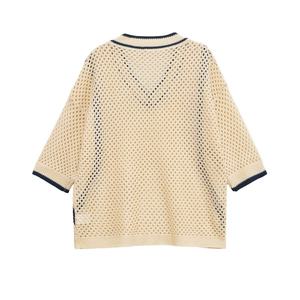 Pull en tricot à col en V à manches courtes pour femme, style rétro chic décontracté, avec couleurs assorties, nouvelle arrivée automne 2025 - Product Image 2