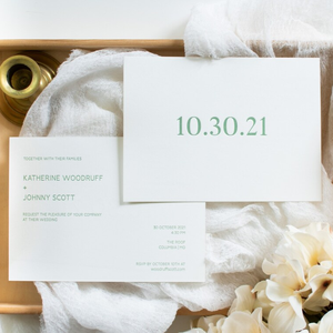 การ์ดเชิญงาน<span class=keywords><strong>แต่งงาน</strong></span>แบบพิมพ์นูนสีเขียวเซจบนกระดาษฝ้ายสีขาวแบบกำหนดเอง พร้อมข้อความส่วนตัว บันทึก<span class=keywords><strong>วัน</strong></span>ที่จัดงานแต่งงาน - Product Image 1