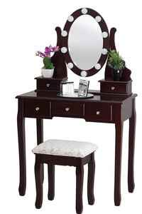 <span class=keywords><strong>Coiffeuse</strong></span> marron <span class=keywords><strong>avec</strong></span> <span class=keywords><strong>tabouret</strong></span> <span class=keywords><strong>et</strong></span> lumières <span class=keywords><strong>LED</strong></span>, 5 tiroirs <span class=keywords><strong>et</strong></span> commode à miroir, Table de maquillage, de couleur blanche - Product Image 2