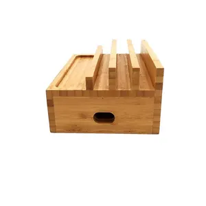 Kotak penyimpanan Strip daya pengatur meja stasiun pengisian daya bambu kustom Pemegang Telepon bantalan laci samping rak kartu berdiri untuk grosir