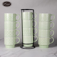 Ensemble de 4 tasses à café en céramique SWT, grandes, empilables, à motifs gaufrés, pour latte, cappuccino, thé, chocolat chaud, avec support