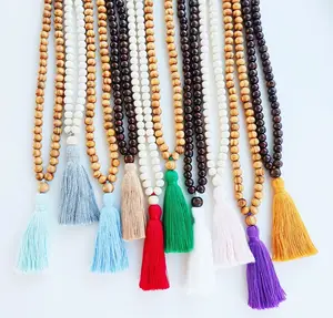 Personalized 108 Wooden Beads Mala Necklace Bohemia Meditation Energy Yoga Beaded Tassel Necklace Gift