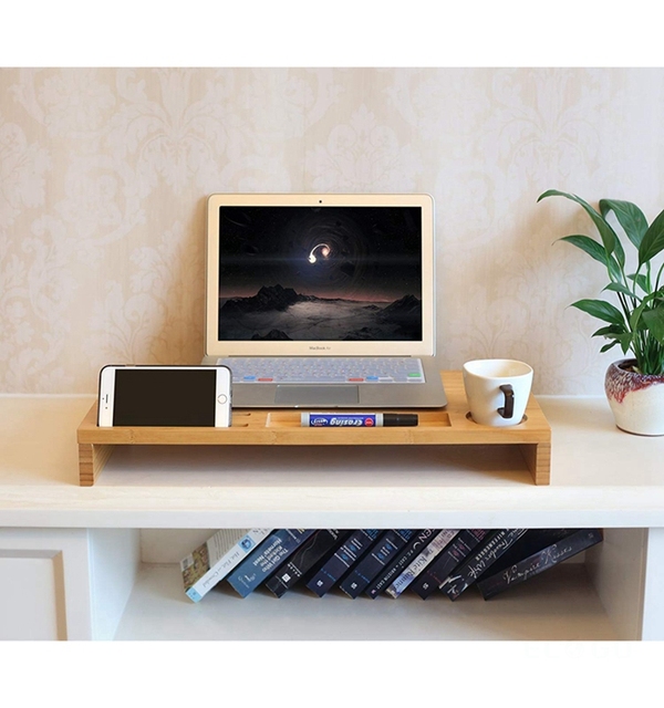 Bamboo Monitor Stand Riser Speaker TV PC Laptop Computer Screen Riser Desk Organizer