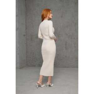 Robe pull moulante côtelée en maille pour femme, col rond, taille naturelle, respirante, longueur midi - Product Image 1