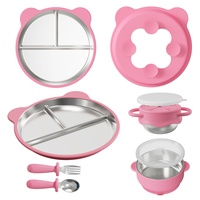 Ensemble de vaisselle pour enfants en acier inoxydable et silicone, avec assiette à compartiments à ventouse, fourchette, cuillère et tasse à collation, pour l'exportation