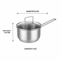 Casserole en acier inoxydable 4QT avec couvercle en verre, compatible induction, poignée longue, pour lait, soupes, usage familial en cuisine