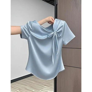 Camicetta in chiffon da donna con fiocco alla francese, maniche corte, in poliestere, design rosa, versatile e alla moda per l'estate - Product Image 5