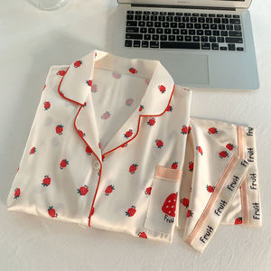 Insスタイル甘くてかわいいストロベリープリント女の子シミュレーションシルクパジャマ半袖ロングパンツラウンジウェア外着可能 - Product Image 6