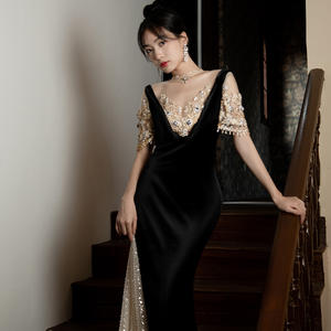 Jancember SFY91 ilusión terciopelo manga corta rebordear sirena vestidos de noche - Product Image 2