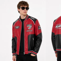 Blouson de moto d'hiver en cuir PU brodé pour homme avec badge Super Cup et fermeture éclair sur le devant – En stock, ODM, OEM, Vêtements personnalisés