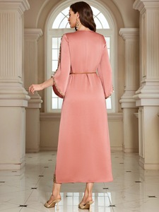 Abito da sera Abaya arabo color oro champagne con perline e scollo a V, lussuoso in raso, stile mediorientale, taglie forti, elegante per matrimoni invernali - Product Image 6