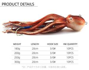 Fabrication en gros d'appâts lumineux pour la pêche au calmar Saltwarter 180g 200g 250g 300g, appâts pour la pêche au calmar, appâts souples pour la pêche au calmar - Product Image 3