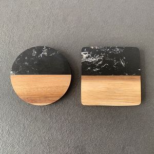 WSY810 <b>Coffee</b> <b>Table</b> Desk Acacia White <b>Black</b> Marble Wood Round <b>Square</b> Wooden Coaster for Drinks With Holder - Product Image 4