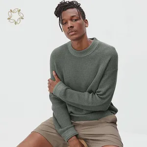 Durable gaufre tricoté pull écologique chandail pour hommes de polyester et de coton biologique sans sueur gaufre décontracté équipage
