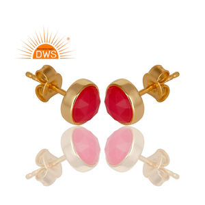 Tiny Pink Chalcedony Studs 14K Gold Plated Jewelry Venta al por mayor Designer Sterling Silver Stud Pendientes Vintage Collection - Product Image 2
