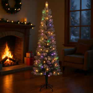 Árbol de Navidad de Lápiz de 7.5 Pies Preiluminado con LED de Doble Color, Verde Flocado, Pino Artificial para Decoración Interior con Soporte Metálico - Product Image 2