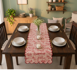 Camino de Mesa Rojo con Borde Festoneado de Algodón Floral para Decoración de Mesa de Comedor con Borde de Flecos para Decoración del Hogar - Product Image 2
