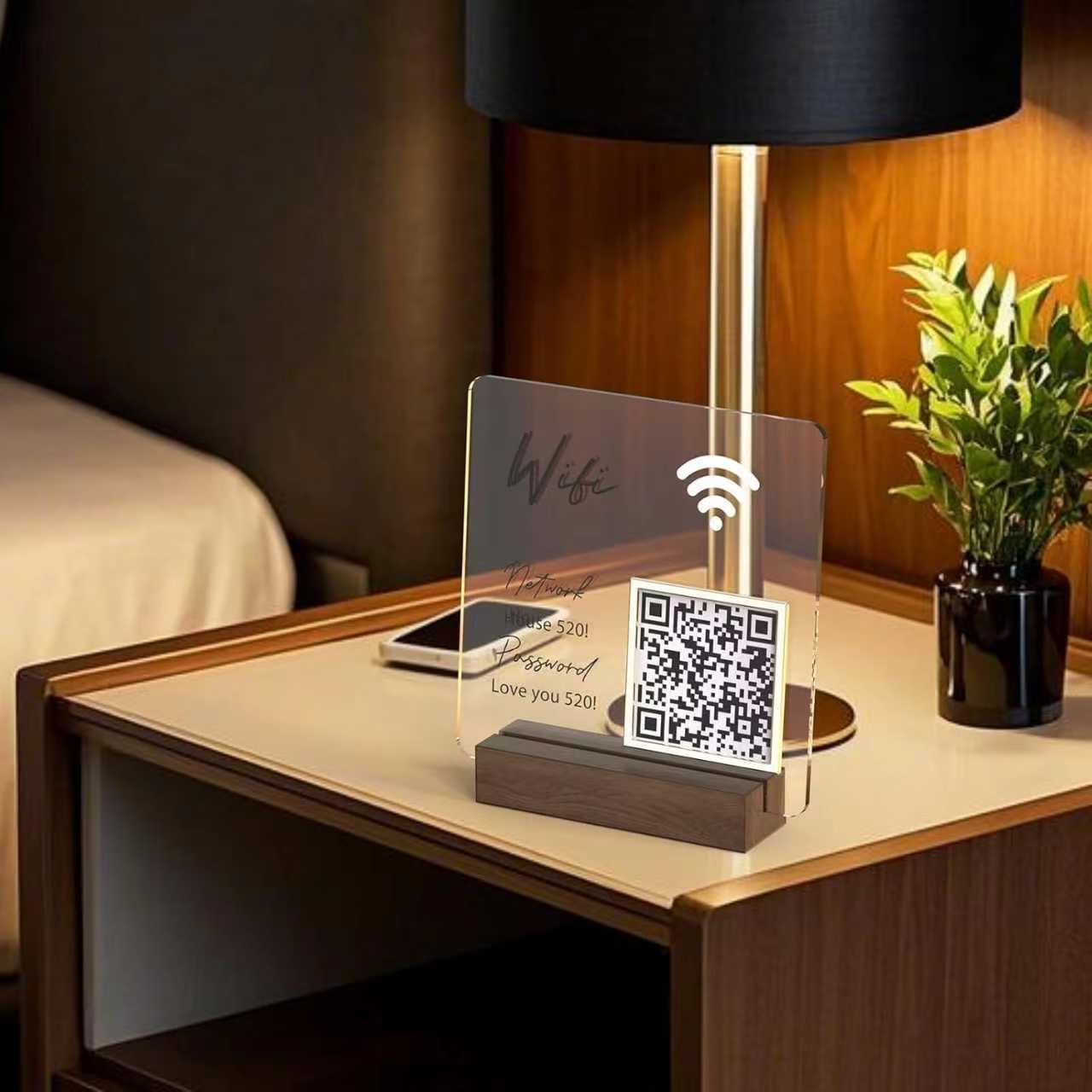 Custom Acrylic QR Code Tabletop Stand Social Media WiFi Business Sign Cafe Restaurant Boutique Metal Wood Branded Unit Apache — view 5