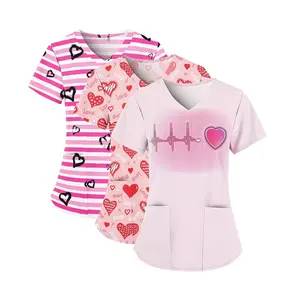 Frauen Peeling Tops mit Taschen Valentine Love Heart Print Peeling Tops für Krankens ch wester Uniformen