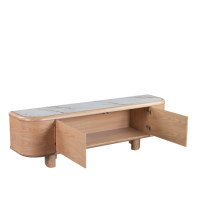 Nouveau Meuble TV Moderne Écologique en Chêne Courbé 2026 avec Plateau en Pierre Frittée Effet Marbre, Console Multimédia de Rangement pour Salon