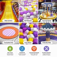 Équipement complet de terrain de jeux intérieur, thème Océan, avec toboggan spiralé jaune, piste de train surélevée, manège fusée, trampoline et mousse.