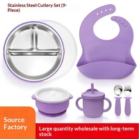 Ensemble d'ustensiles pour tout-petits en silicone et acier inoxydable : fourchette, cuillère, bavoir, bol, assiette avec couvercles, assiette à ventouse en silicone pour l'alimentation