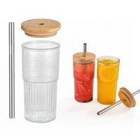 Nouveau style transfrontalier Verre à boisson martelé 20oz avec couvercle en bois et motif vertical, pour thé au lait, café, lait, cola, bière