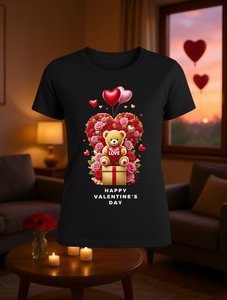 T-shirt con stampa Happy Valentine's Day Plush Bear da donna, manica corta, girocollo, casual, primavera estate, outfit regalo - Product Image 2