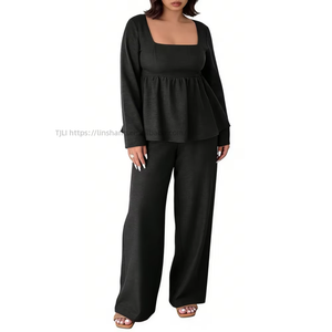 Women's Plus Size Peplum Top & Wide Leg Pants <b>Set</b> <b>Square</b> Neck Long Sleeve 2 Piece Loungewear Fashion - Product Image 6