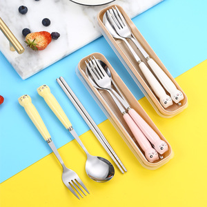 Stainless Steel Cutlery <b>Set</b> With Ceramic Handles Chopsticks <b>Spoon</b> <b>Fork</b> Portable Travel Student Kit Rectangular Storage Box - Product Image 4
