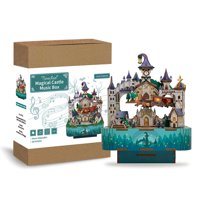 Tonecheer Wholesale Rotating Magical Castle Design DIY Wood Music Box Puzzle Gift for Holiday Birthday Gifts & Toy Stores