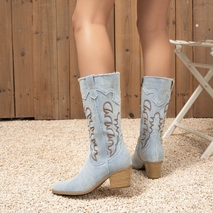 Brand New Retro Denim Blue Cowboy Women Shoes Chunky High Heels 42 <b>on</b> Calf Cowgirls <b>Boots</b> - Product Image 2