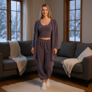 Set da casa in pile per donna, 3 pezzi, morbido e casual, con cardigan a maniche lunghe e pantaloni lunghi fino alla caviglia, abbigliamento invernale. - Product Image 2