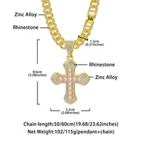 Pendentif religieux chrétien tendance Hip Hop avec croix multicolore entièrement sertie de zircone cubique, plaqué or 18 carats, avec chaîne à maillons pour unisexe