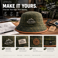 Chapeau Bob à Carreaux Marque Privée avec Logo Personnalisé, Faible MOQ, Petites Séries, Chapeau à Large Bord pour Boutiques en Ligne