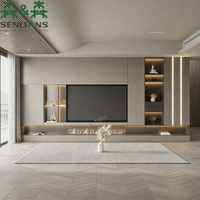 Meuble TV mural intégré SLS moderne et minimaliste, console multimédia de luxe avec texture bois, cheminée et système d'éclairage LED