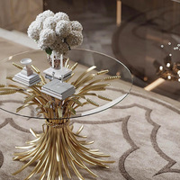 Table à manger ronde en verre avec piétement sculptural en forme d'épi de blé doré, base en acier inoxydable, style italien, pour salle à manger, cuisine, Esstisch
