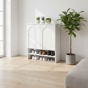 <span class=keywords><strong>Meuble</strong></span> <span class=keywords><strong>à</strong></span> <span class=keywords><strong>Chaussures</strong></span> en Bois <span class=keywords><strong>à</strong></span> <span class=keywords><strong>2</strong></span> <span class=keywords><strong>Portes</strong></span> avec Panneaux et Détail en Arche, Blanc, pour Salon - Product Image 3