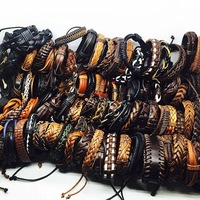 Bracelets en Cuir Véritable Tressés Réglables Ethniques avec Perles en Bois Tribales, Manchette Enroulée Tissée, pour Hommes – Vente en Gros