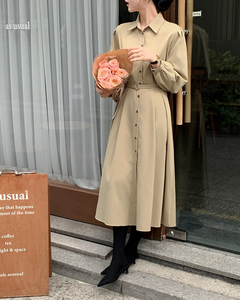 Robe midi élégante noire pour femme, à manches longues, ceinturée, col boutonné, coupe trapèze ample, pour le bureau et le travail en automne - Product Image 3