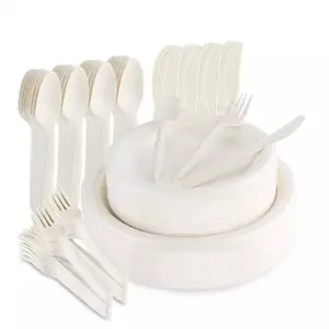 Disposable Biodegradable Sugarcane Bagasse Pulp Free Plastic Tableware Set Eco Friendly Dinnerware Set for Camping Picnic