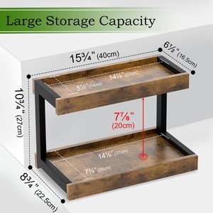 Estante de almacenamiento de doble capa de hierro y madera, organizador de cocina de 2 niveles, color marrón oscuro, para utensilios, barra de café, toallas de baño - Product Image 5