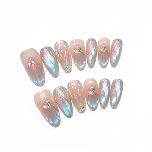 Faux ongles à presser faits main, taille moyenne, forme amande, effet aurore sirène, coquillage 3D, perle, luxe, été, réutilisables, vente en gros - Product Image 1
