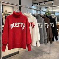 Pull en maille à col roulé pour femme, motif Joyeux Noël, en stock, faible MOQ, vente en gros, pull chaud pour les fêtes d'hiver, Black Friday