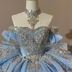 Xs313 Modern Stunning Crystal Choker Shoulder Scattered Rhinestone Ruffle Baby Blue Glitter <b>Ball</b> <b>Gown</b> Chapel Quinceanera Dress - Product Image 6