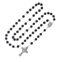 Chapelet catholique en pierre de lave noire avec médaille de la Vierge Marie et croix celtique de Jésus, bijoux de prière religieux