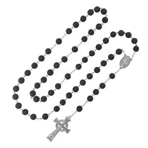 가톨릭 흑색 용암석 묵주 (성모 마리아 메달 & 켈트 십자가 포함) 종교 기도 구슬 장신구 - Product Image 2