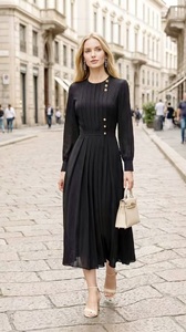 <span class=keywords><strong>Robe</strong></span> de Soirée XXL 2026 Printemps-<span class=keywords><strong>Été</strong></span>, Design Tendance Femme, Boutons Décoratifs, Manches Longues, Longueur Mi-Mollet, Plissée, Couleurs Orange et Noir - Product Image 5