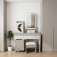 Ensemble de coiffeuse moderne en bois blanc crème avec miroir LED sur pied et rangement pour chambres de filles et hôtels