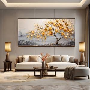 Cuadro de arte moderno con marco de lienzo, pintura al óleo sobre yeso acrílico con árbol dorado texturizado grande para pared sobre la cama, para el hogar y la galería - Product Image 3